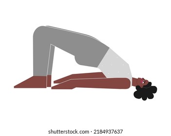 Concepto de vectores con carácter afroamericano femenino. Una mujer deportiva con cuerpo positivo aprende postura con reverencias - Setu Bandha Sarvangasana en clase de yoga. Ejercicio de fitness para principiantes - Puente