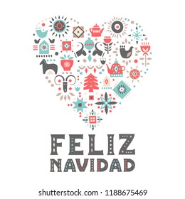 Vector concept of festive card. Heart made of festive symbols and an inscription "Feliz Navidad" (Merry Christmas, Spanish)