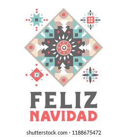 Vector concept of festive card. Patterned square with snowflakes and an inscription "Feliz Navidad" (Merry Christmas, Spanish)