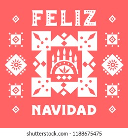 Vector concept of festive card. Stylized Candlestick and lettering "Feliz Navidad" (Merry Christmas, Spanish) on a red background.