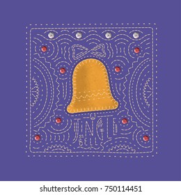 Vector concept of the festive greeting card. Bell made of yellow felt on a blue background with embroidered lettering "Jingle bells".