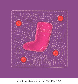 Vector concept of the festive greeting card. Boot made of pink felt on a purple background with embroidered lettering "Merry Christmas".