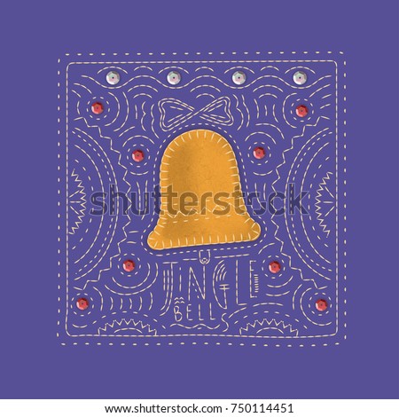 Vector concept of the festive greeting card. Bell made of yellow felt on a blue background with embroidered lettering "Jingle bells".