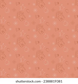 vector concept festive New Year's Christmas seamless pattern with a variety of silhouette elements Christmas tree toys nests, ball, gingerbread house, snowflakes