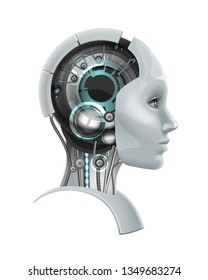 Vector concept of fictional female cyborg head with a mechanism inside  in profile isolated on white background