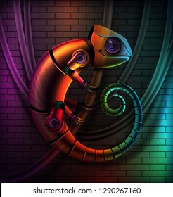 Vector concept of fictional multicolored robot reptile chameleon with wires on dark brick wall background and green, blue, orange, purple lights