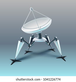 Vector concept of fictional quadruped robot drone with parabolic antenna satellite aerial dish isolated on light background