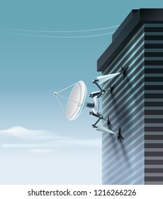 Vector concept of fictional quadruped robot with parabolic satellite dish which is climbing up the front of the building 