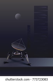 Vector concept of fictional quadruped robot with parabolic satellite dish on futuristic background