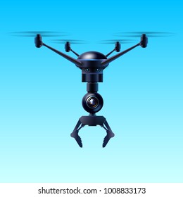 Vector concept of fictional quadrupter quadcopter flying drone with claw isolated on blue background