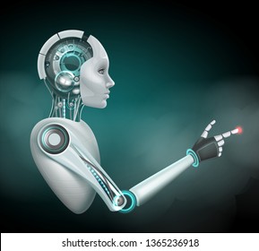 Vector concept of fictional white female cyborg in profile with pointing or pressing hand-laser with visible fastening elements isolated on dark background