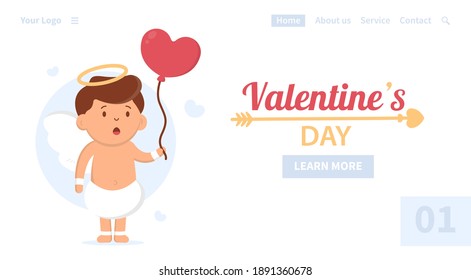 Vector concept of the first page of the site. Valentine's Day. A boy cupid with a halo above his head holds a heart-shaped balloon in his hands and looks bewitched back at the balloon.