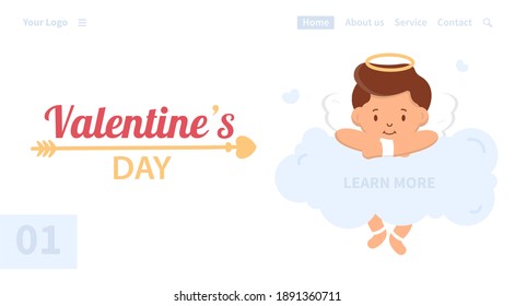 Vector concept of the first page of the site. Valentine's Day. A boy Cupid with a halo over his head lies on a cloud and looks at the text that needs to be clicked.