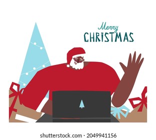 Vectorkonzept mit flachem Charakter des afroamerikanischen Weihnachtsmannes in der Nähe von Geschenkbox, Weihnachtsbaum. Er spricht mit Kindern, die Online-Streaming auf dem Computer nutzen. Ferngratulation an Winterferien