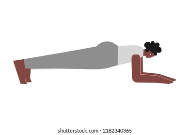 Vector concept with flat female african american character. Body positive woman learns strengthening posture and does Dolphin Plank Pose at yoga class. Core exercise for beginners - Forearm Plank