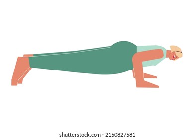 Vector concept with flat female character. Strong blonde woman learns posture with backbend and does Chaturanga Dandasana at yoga class. Fitness exercise for beginners - Four-Limbed Staff Pose