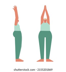 Vector concept with flat female character. Strong blonde woman learns standing posture Urdhva Hastasana at yoga class. Fitness exercise for beginners - Upward Salute Pose