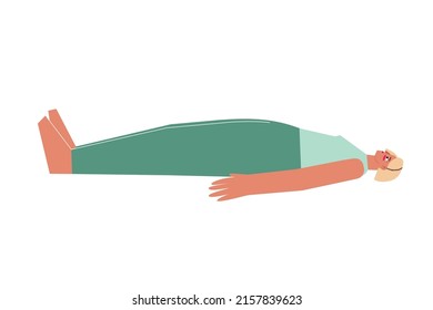 Vector Concept With Flat Female Character. Sportive Blonde Woman Learns Restorative Posture Savasana At Yoga Class. Fitness Exercise For Beginners - Corpse Pose