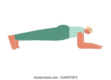 Vector concept with flat female sportive character. Young blonde woman learns strengthening posture and does Dolphin Plank Pose at yoga class. Core exercise for beginners - Forearm Plank