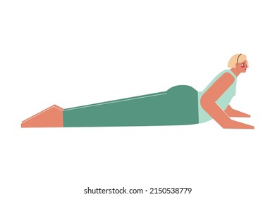 Vector concept with flat female sportive character. Young strong blonde woman learns posture with backbend and does cobra pose at yoga class. Core exercise for beginners - Bhujangasana