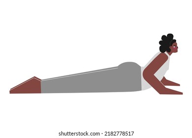 Vector concept with flat female sportive character. African american strong woman learns posture with backbend and does cobra pose at yoga class. Core exercise for beginners - Bhujangasana