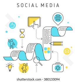 Vector concept flat line illustration: social media, networks, blogging, writing content, uploading photos, searching information and ideas, communication in the global computer networks. 
