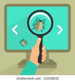 Vector concept in flat retro style - bug and virus in the programming code