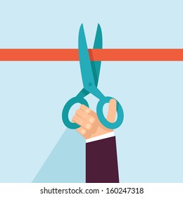 Vector concept in flat retro style - hand holding scissors and cutting red ribbon
