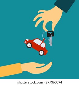 Vector concept in flat style - the hand of the seller holds out a key with a tag in the form of car in hand for the buyer. Demand and supply 