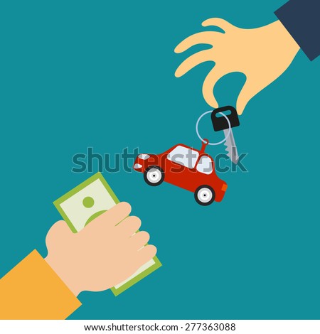 Vector concept in flat style - the hand of the seller holds out a key with a tag in the form of car the buyer, who in return delivers the money 
