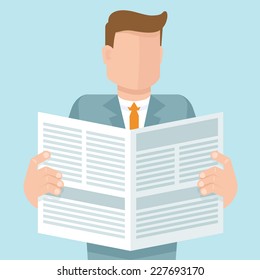 Vector concept in flat style - man reading a newspaper with business articles 