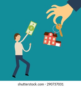 Vector concept in flat style - Man with the bill in hand runs to the hand holding out the key and the tag in the house. Sale of real estate. Demand and supply