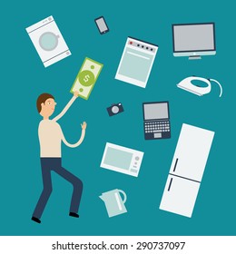 Vector concept in flat style - Man with the bill in hand runs to the set of home appliances, including fridge, TV, gadgets, iron, washing machine, gas cooker, camera. Closeout. Hardware store 