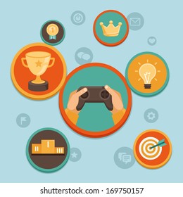 Vector Concept In Flat Style - New Trend In Online Business - Gamification. Design Elements And Icons With Rewards And Achievement Badges