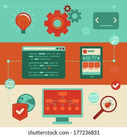 Vector concept in flat style with trendy icons - website development and coding. Tools and symbols - programming and prototyping
