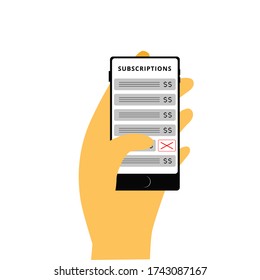 Vector concept in flat style. Unsubscribing to applications through a mobile bank account
