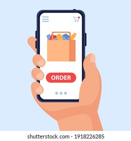 Vector concept of food delivery via smartton. A hand holds a smartphone with an application for ordering food at home or to take away. Ordering products from supermarkets to your home. 