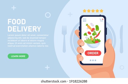 Vector concept of food delivery via smartton. A hand holds a smartphone with an application for ordering food at home or to take away. Salads delivery. Rating of restaurants and cafes.