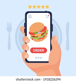 Vector concept of food delivery via smartton. A hand holds a smartphone with an application for ordering food at home or take away. Rating of restaurants and cafes. Delivery of junk food to your home.