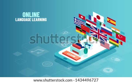 Vector concept of foreign language online study. Illustration of a man sitting on a smartphone using foreign language learning app 