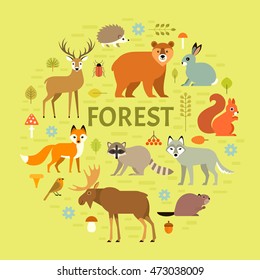 Vector concept with forest animals arranged in a circle. Isolated on green background.