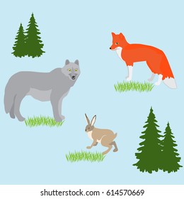 Vector concept with forest animals in the meadow with design elements - trees and grass. Isolated on a light background.