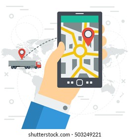 Vector concept of freight monitoring. Tracking of cargo during shipping on smartphone monitor in mans hand. World map with track and route on illustration background in flat style. Web square banner