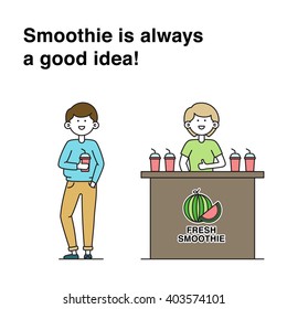 Vector concept of fresh smoothie shop with cute characters people and smoothie cups. Smoothie is always a good idea!