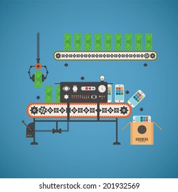 Vector concept of fund investment with smartphones and notes on conveyor line