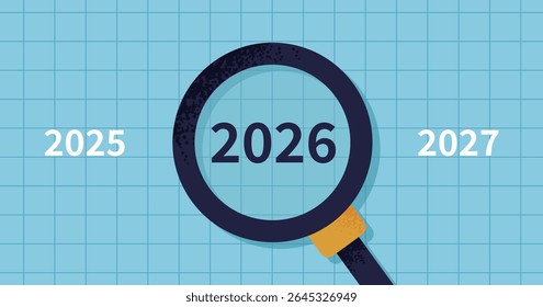 Vector concept of future business planning focusing on year 2026 with magnifying glass and grid background