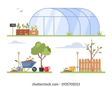 Vector concept of gardening. Spring landscape with garden tools, plants, flowers in flat style. Illustration isolated on white background. Agriculture work equipment. Grow greenery. Garden place