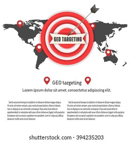Vector concept of geotargeting. Realistic world map outlines and dartboard. Vector geo targeting e-commerce concept. 
