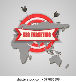 Vector concept of geotargeting. Realistic world map outlines and dartboard. Vector geo targeting e-commerce concept. Hit the target. Target, arrows and world map
