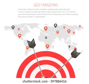 Vector concept of geotargeting. Realistic world map outlines and dartboard. Vector geo targeting e-commerce concept. 
